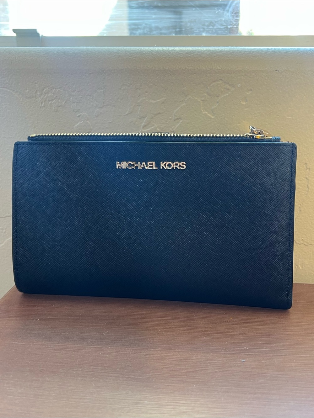 Michael Kors Jet Set Travel Black Large Double Zip Wristlet Wallet Leather